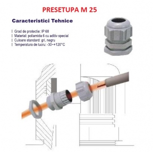 PRESETUPA M25, MATERIAL POLIAMIDA CULOARE GRI M25, IP68, PENTRU TRECEREA CABLURILOR ELECTRICE PRIN PERETII TABLOURILOR DE DISTRIBUTIE, DIAMETRU DECUPAJ 25 mm, STRANGERE DIAMETRU CABLU 13-18mm