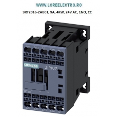 3RT2016-2AB01 Contactor 9A, 4KW / 400 V, SIEMENS Sirius bobina 24V ac, Auxiliar 1NO, Clema Arc ( CAGE CLAMP)